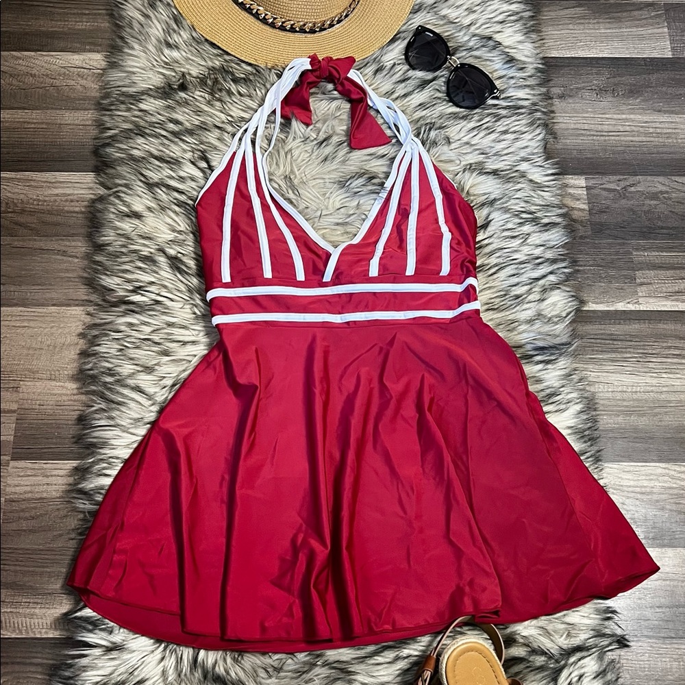 Red and White Halter Bathing Suit.